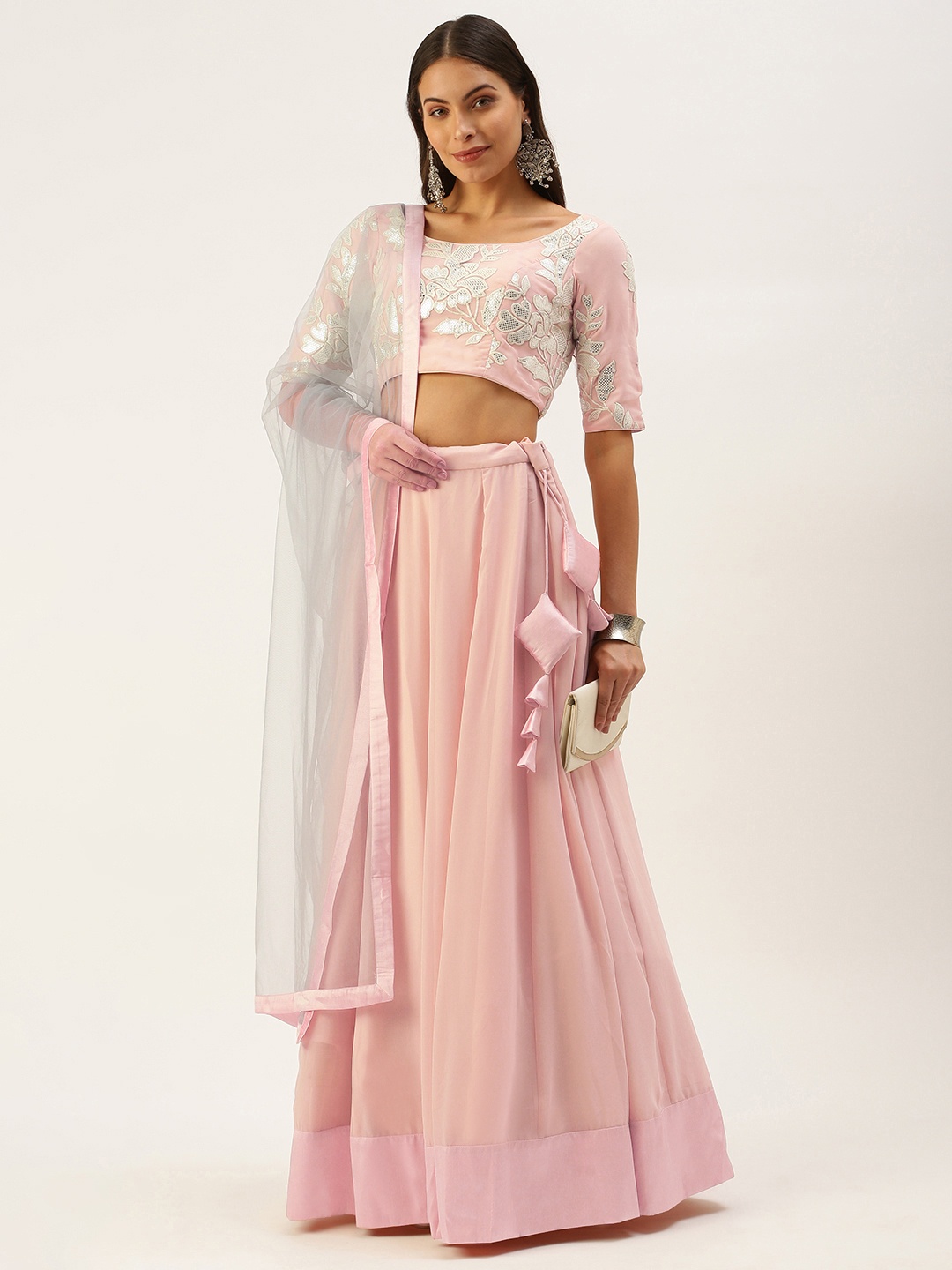 

Ethnovog Pink Grey Embroidered Made to Measure Lehenga Blouse With Dupatta