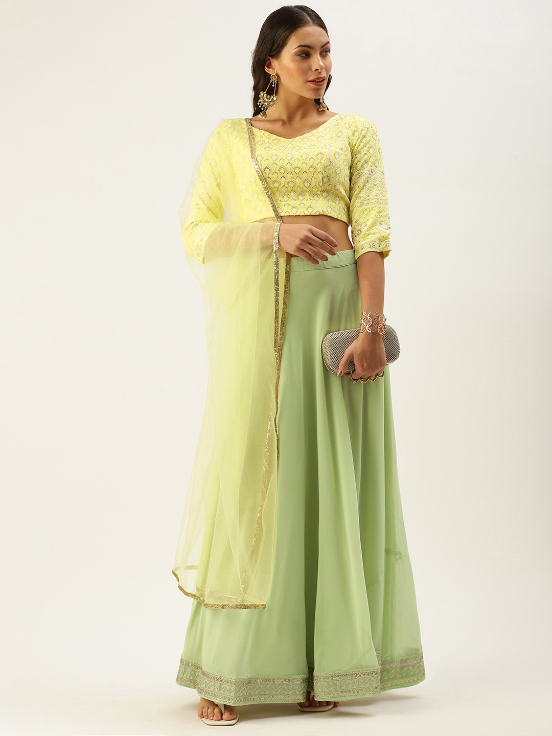 

Ethnovog Yellow Green Embroidered Made to Measure Lehenga Blouse With Dupatta