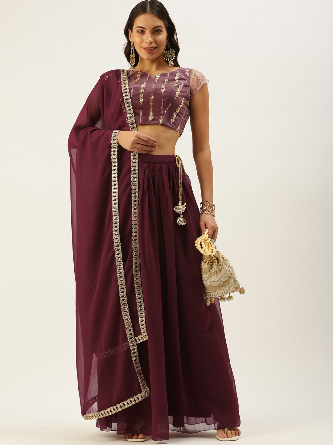 

Ethnovog Mauve Burgundy Embellished Made to Measure Lehenga Blouse With Dupatta