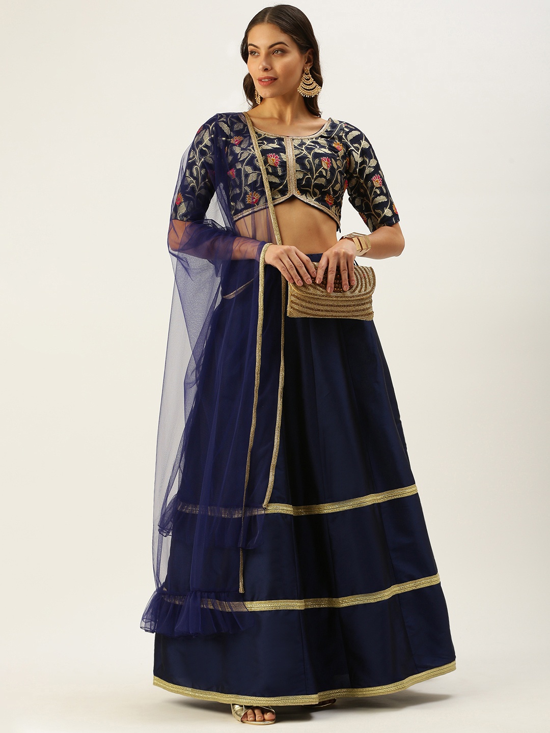 

Ethnovog Blue Printed Made to Measure Lehenga Blouse With Dupatta