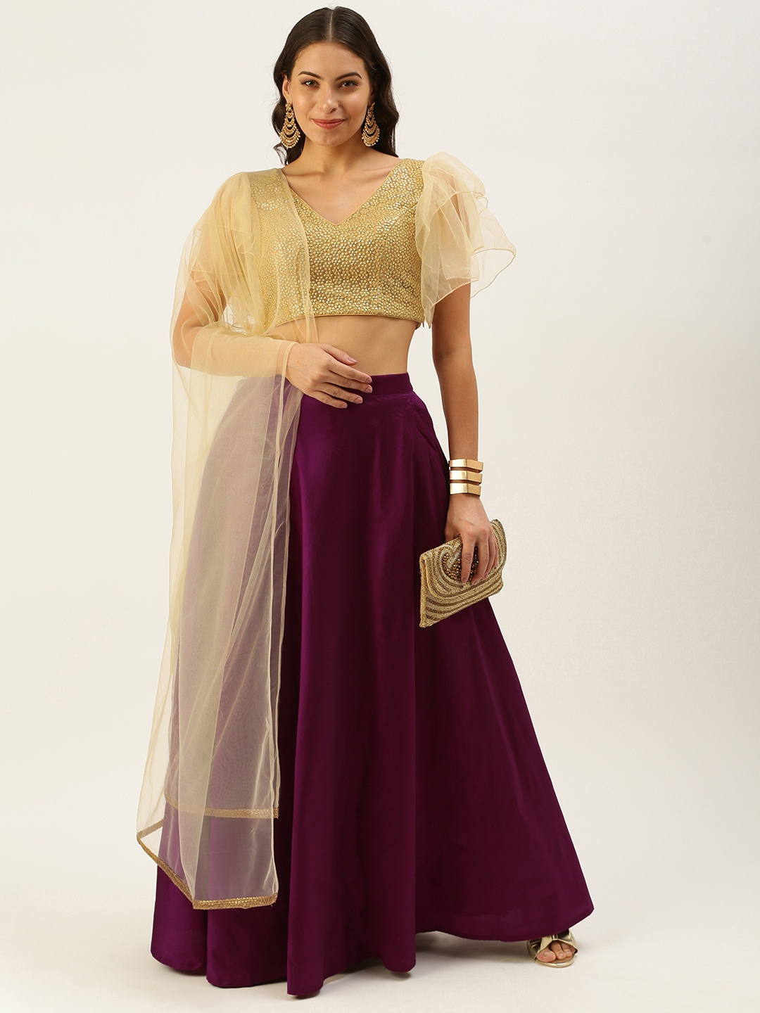 

Ethnovog Beige Purple Embroidered Made to Measure Lehenga Blouse With Dupatta