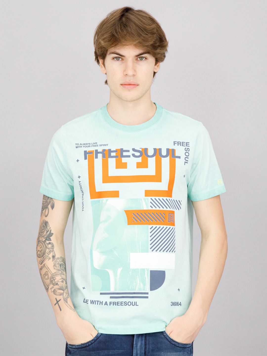 

FREESOUL Men Blue Printed Cotton T-shirt