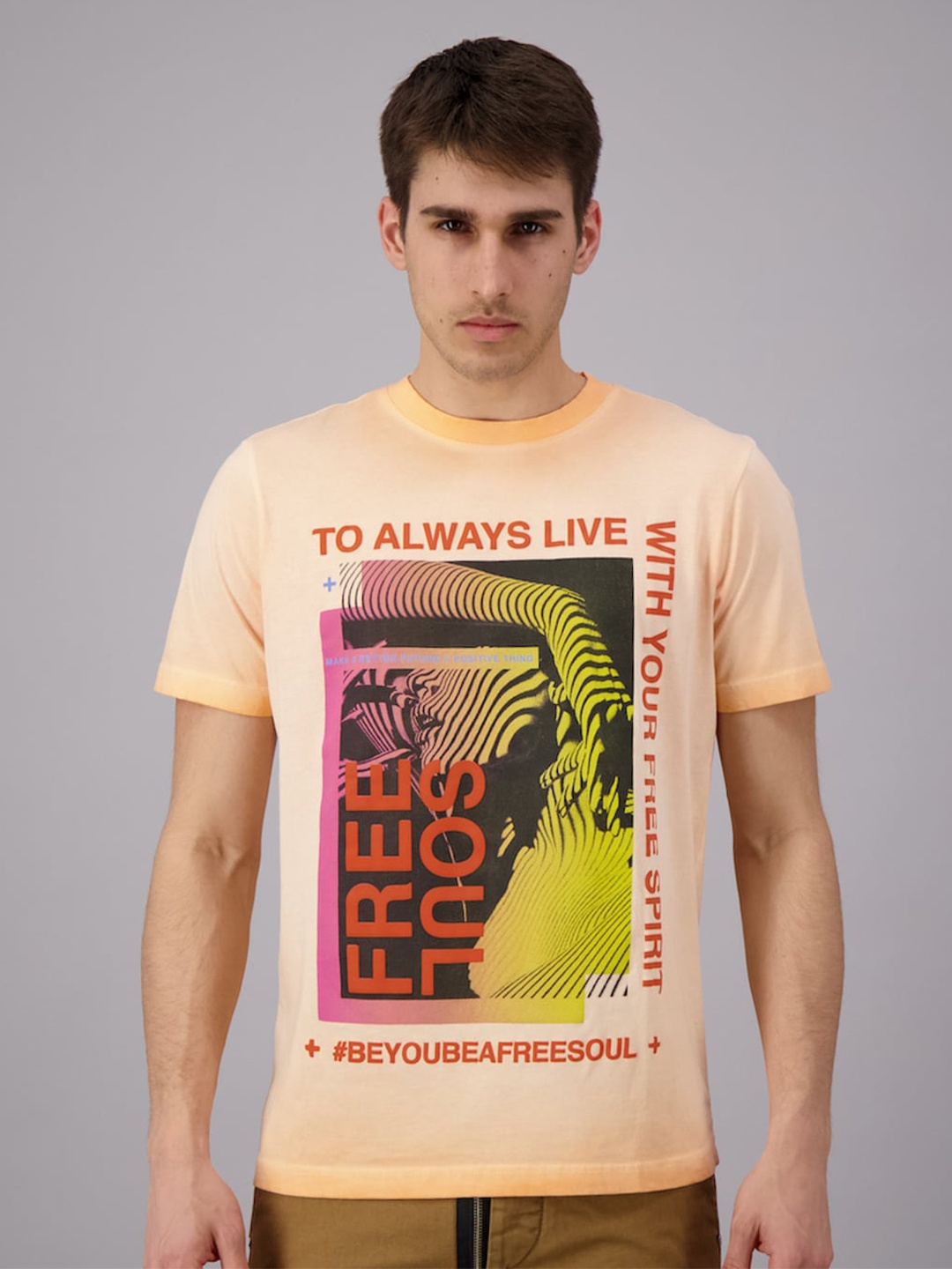 

FREESOUL Men Orange Printed Pure Cotton T-shirt
