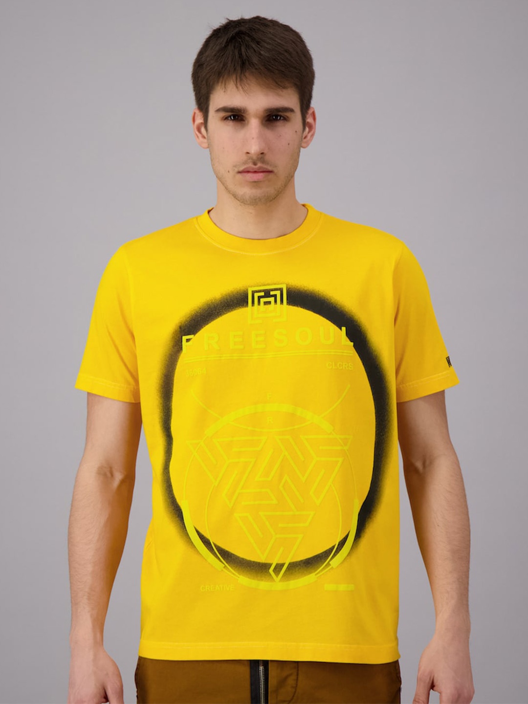

FREESOUL Men Yellow Printed Cotton T-shirt