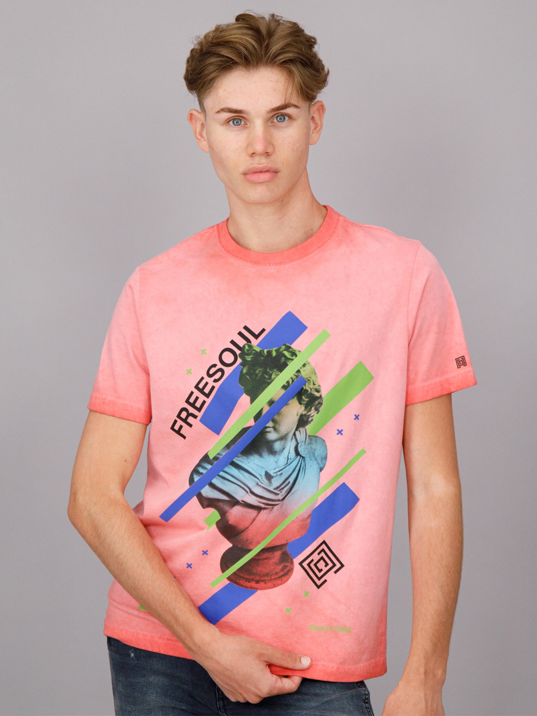 

FREESOUL Men Pink Printed Pure Cotton T-shirt