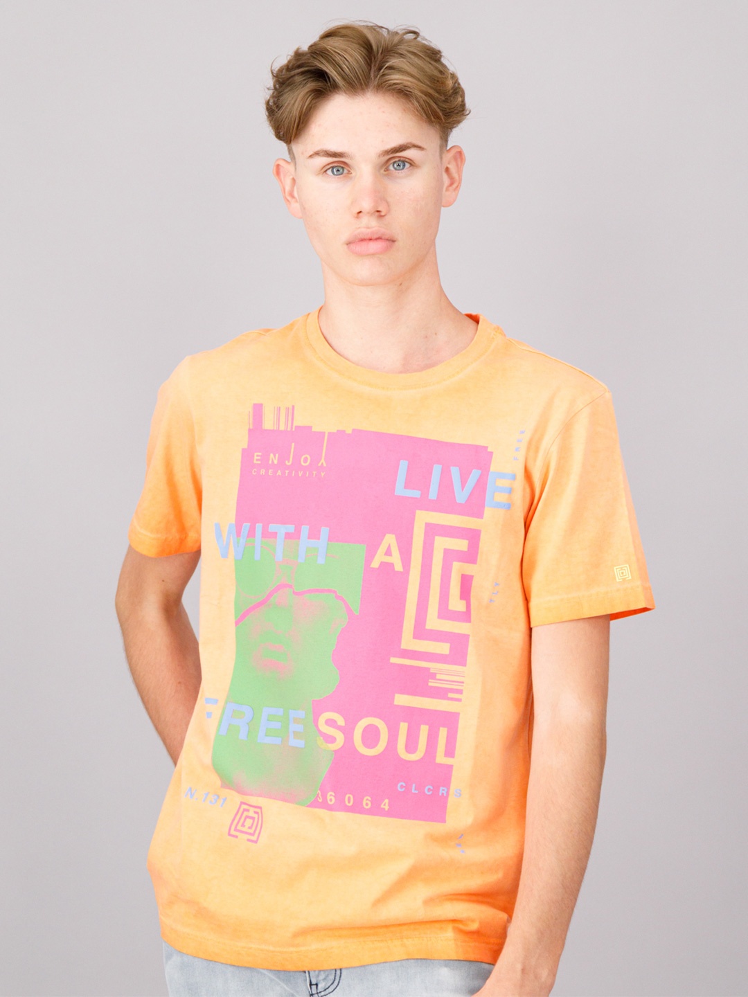 

FREESOUL Men Orange Printed Cotton T-shirt