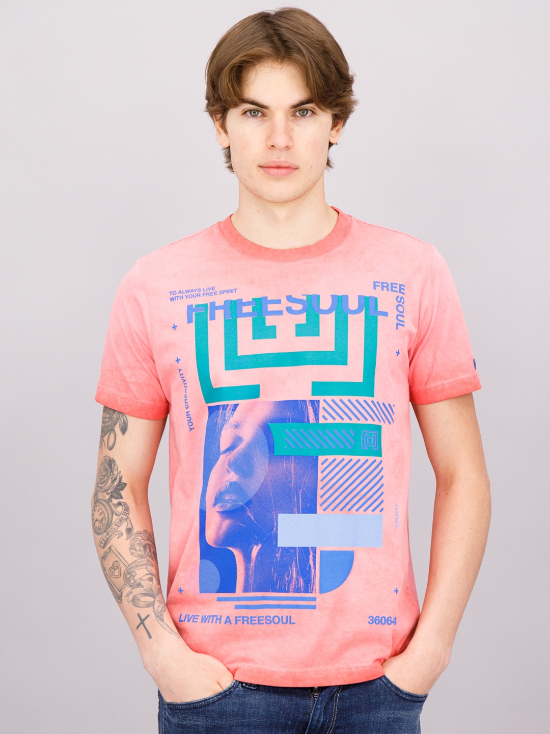 

FREESOUL Men Red Printed Cotton T-shirt
