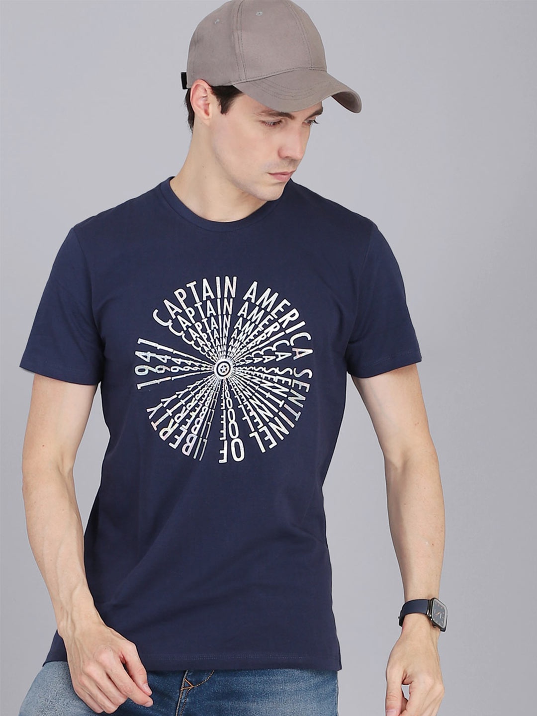 

Free Authority Men Blue Typography Captain America Printed 100% cotton  T-shirt