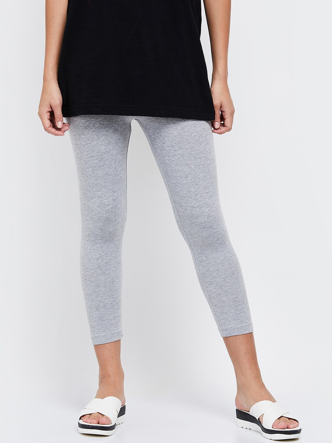 

max Women Grey Melange Solid Comfort-Fit Above Ankle-Length Leggings