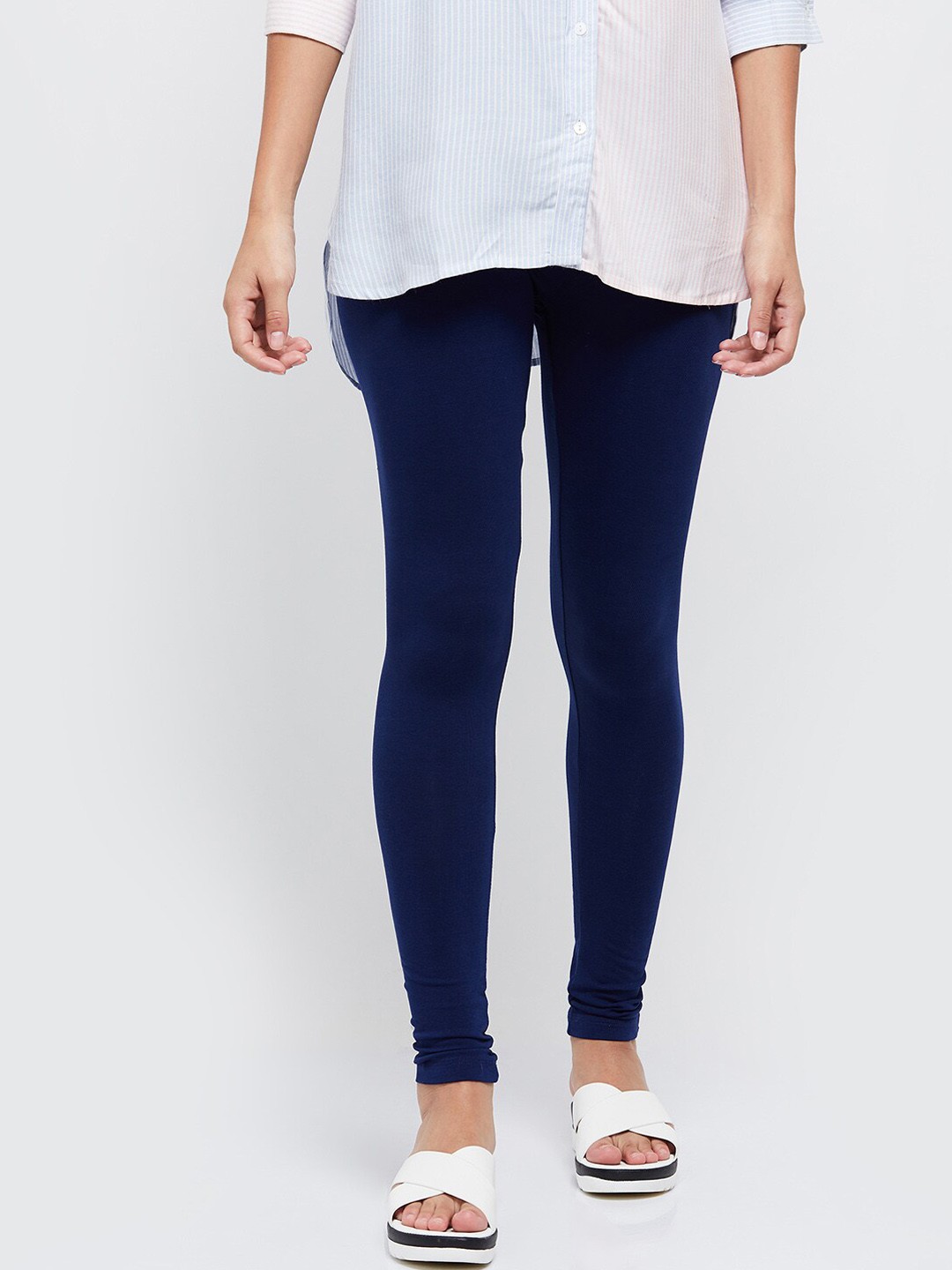 

max Women Navy Blue Solid Ankle-Length Leggings