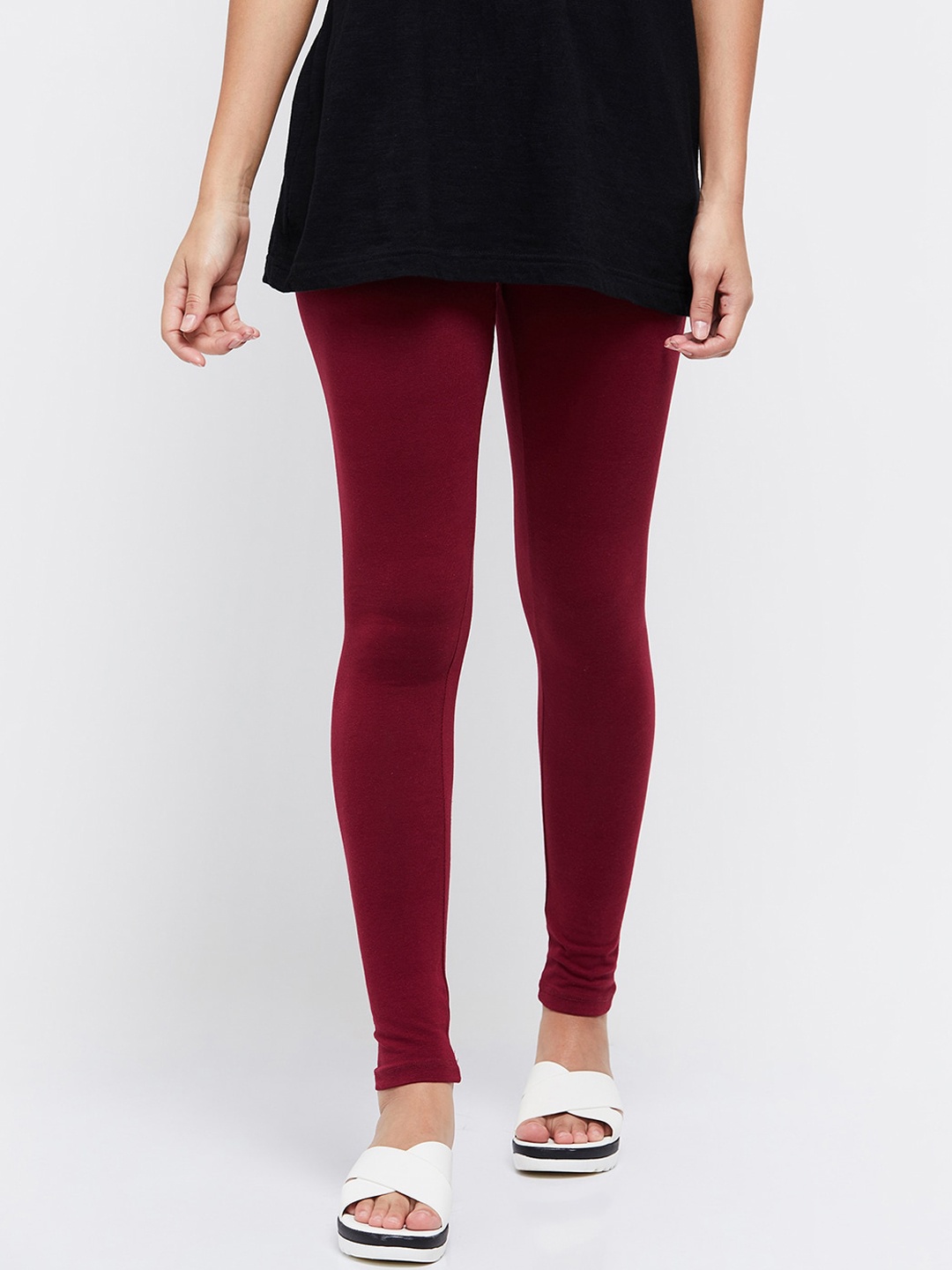 

max Women Maroon Solid Churidar-Length Leggings