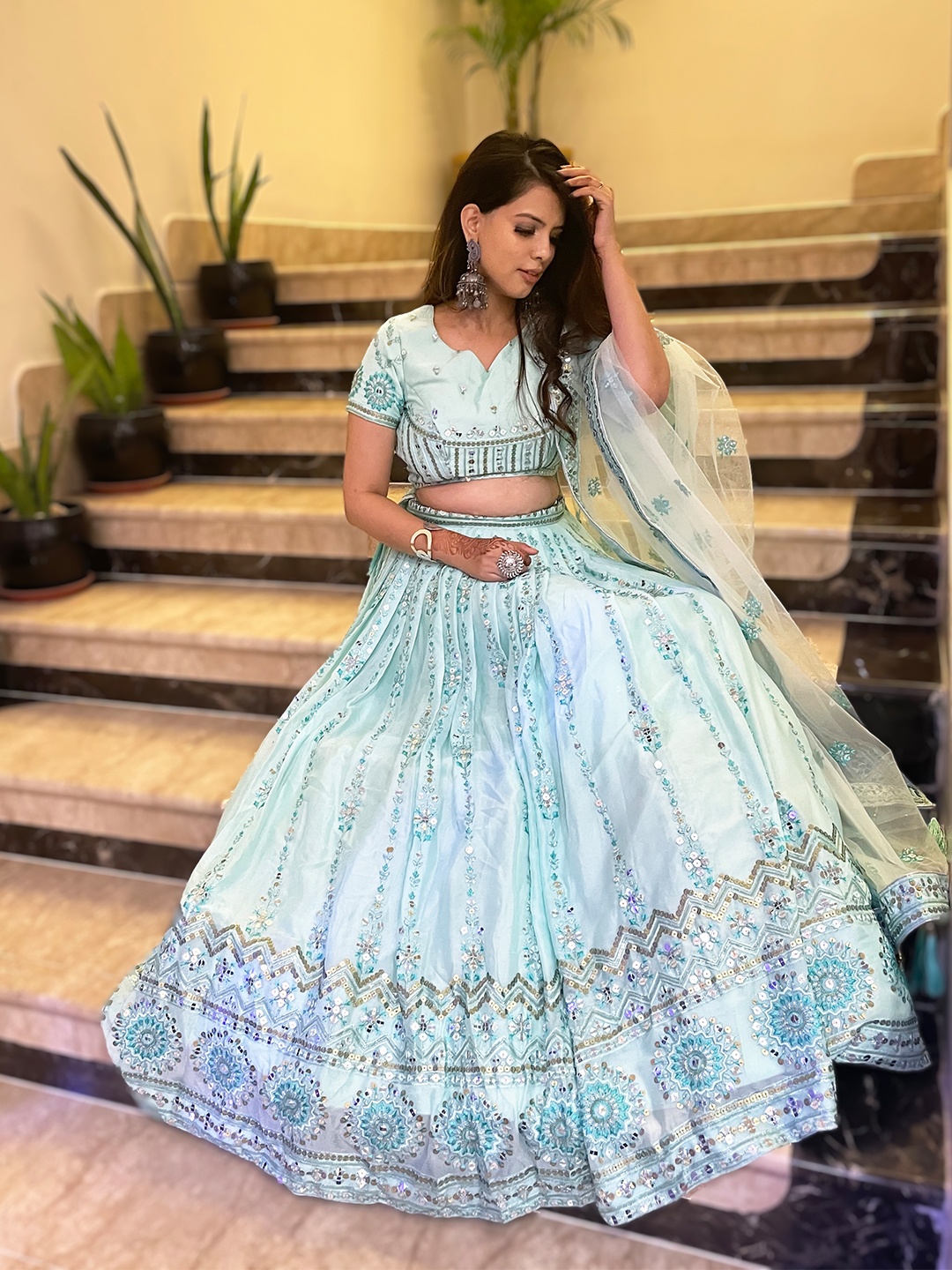 

panchhi Turquoise Blue Embroidered Sequinned Unstitched Lehenga & Blouse With Dupatta
