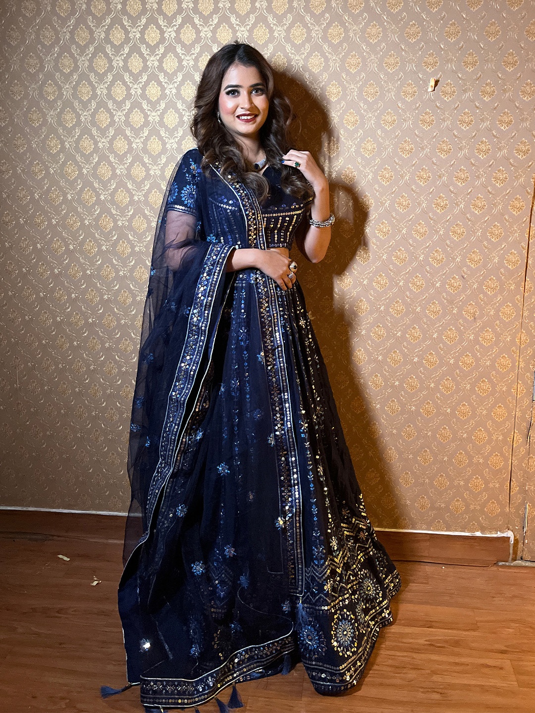 

panchhi Navy Blue Embroidered Sequinned Unstitched Lehenga & Blouse With Dupatta