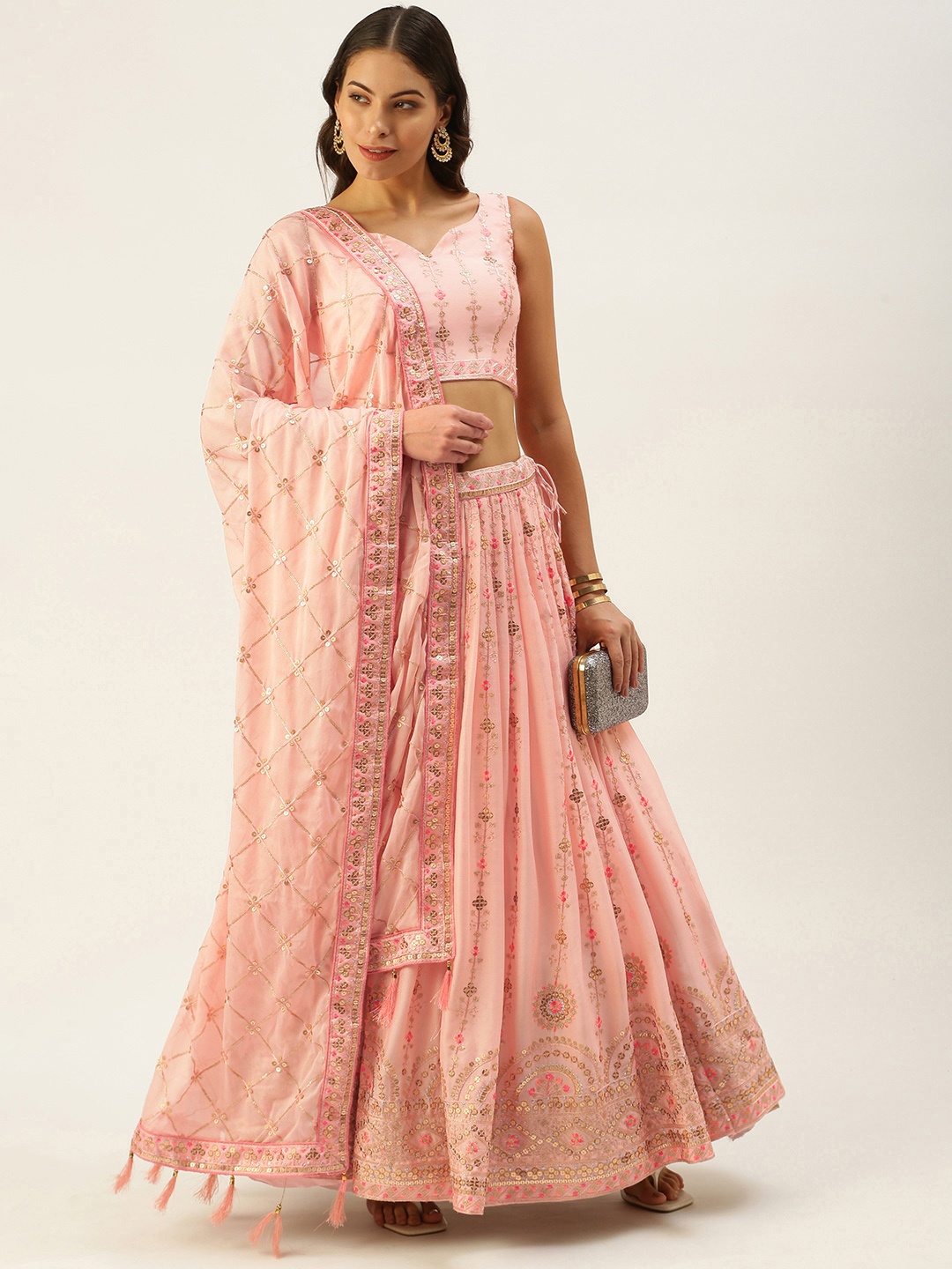 

panchhi Coral & Embroidered Sequinned Unstitched Lehenga & Blouse With Dupatta