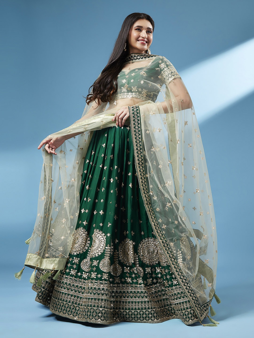 

panchhi Green Embroidered Sequinned Unstitched Lehenga & Blouse With Dupatta