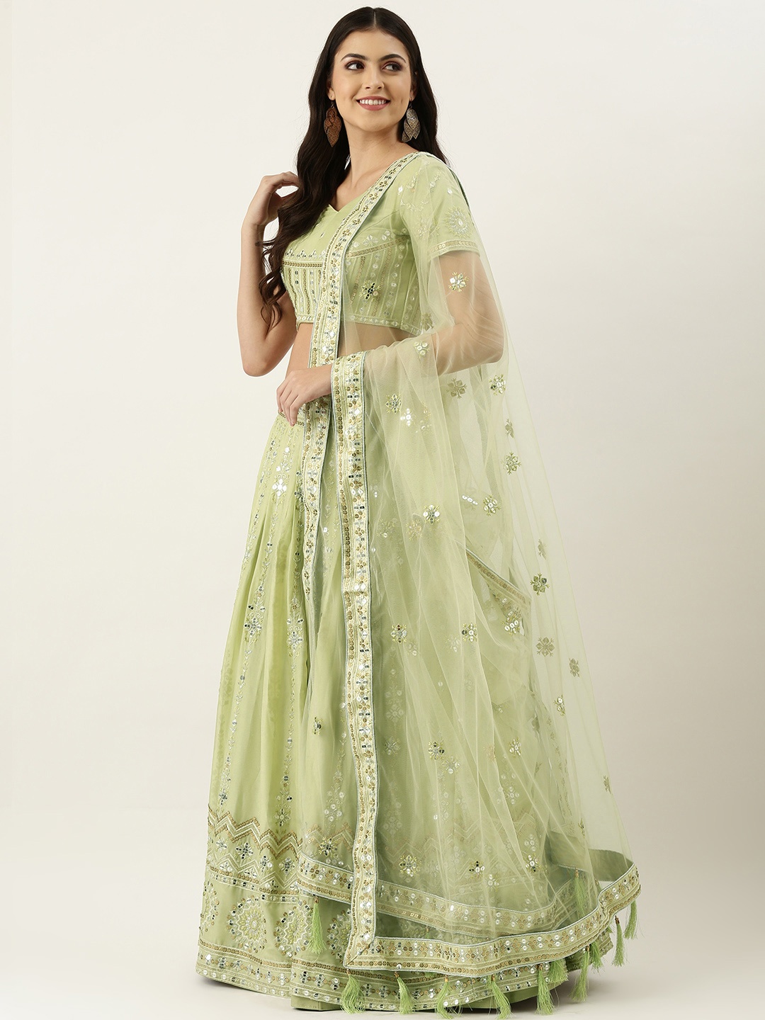 

panchhi Green Embroidered Sequinned Unstitched Lehenga & Blouse With Dupatta