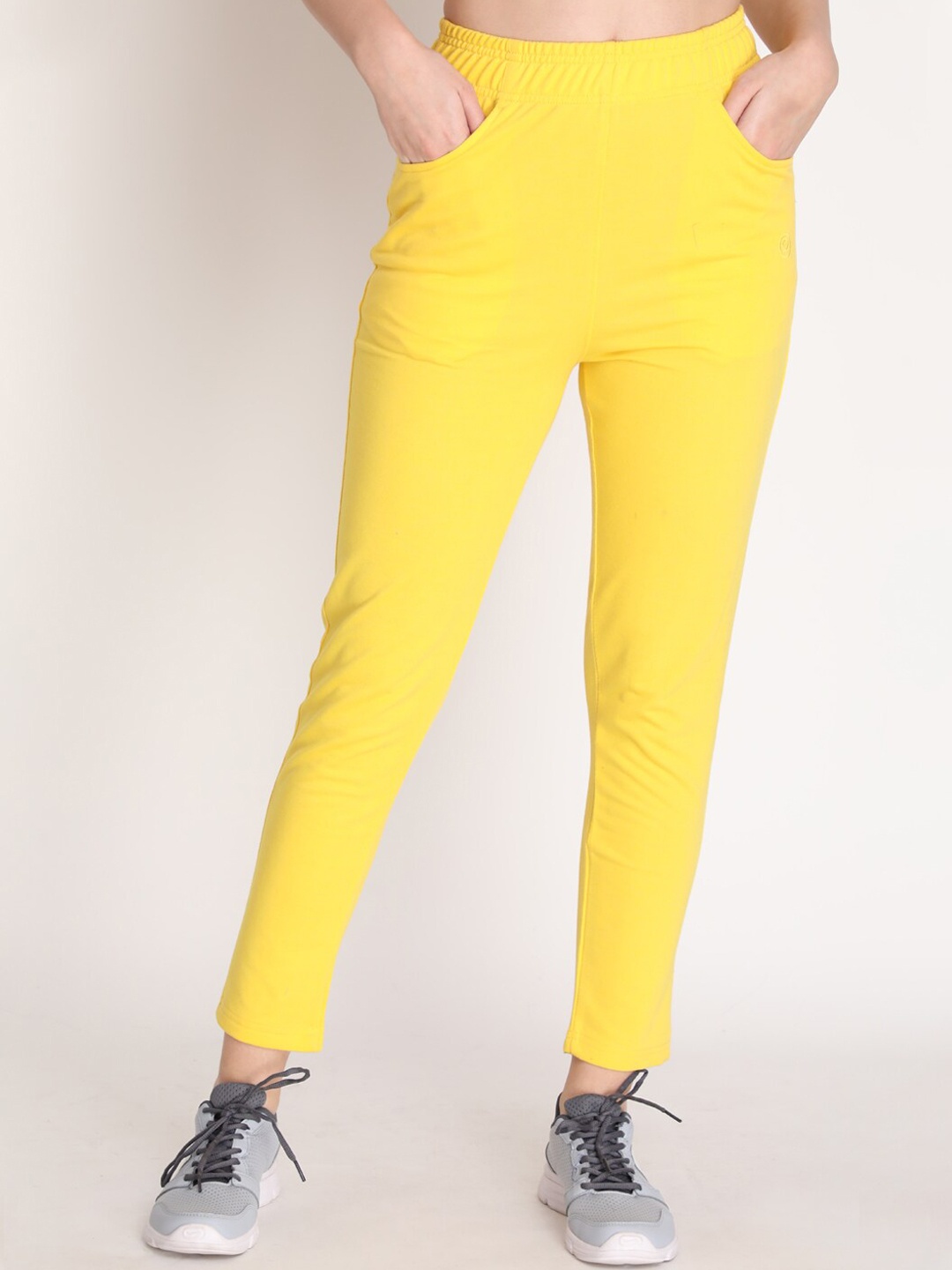 

CHKOKKO Women Yellow Solid Cotton Relaxed-Fit Track Pants