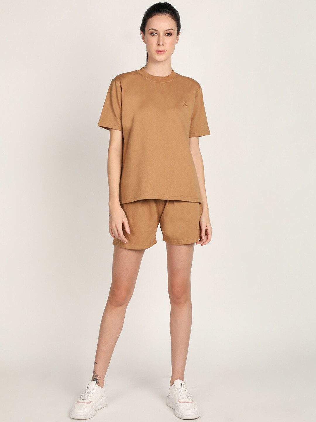 

Chkokko Women Camel Brown Solid Cotton Co-Ords
