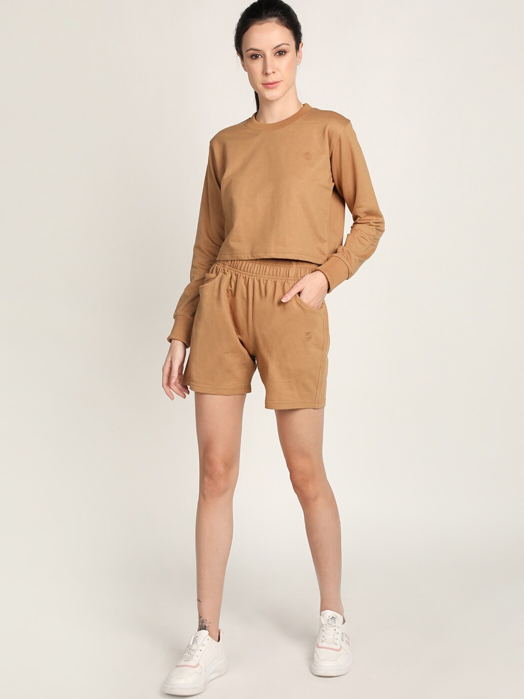 

Chkokko Women Brown Solid Co-ord Set, Camel brown