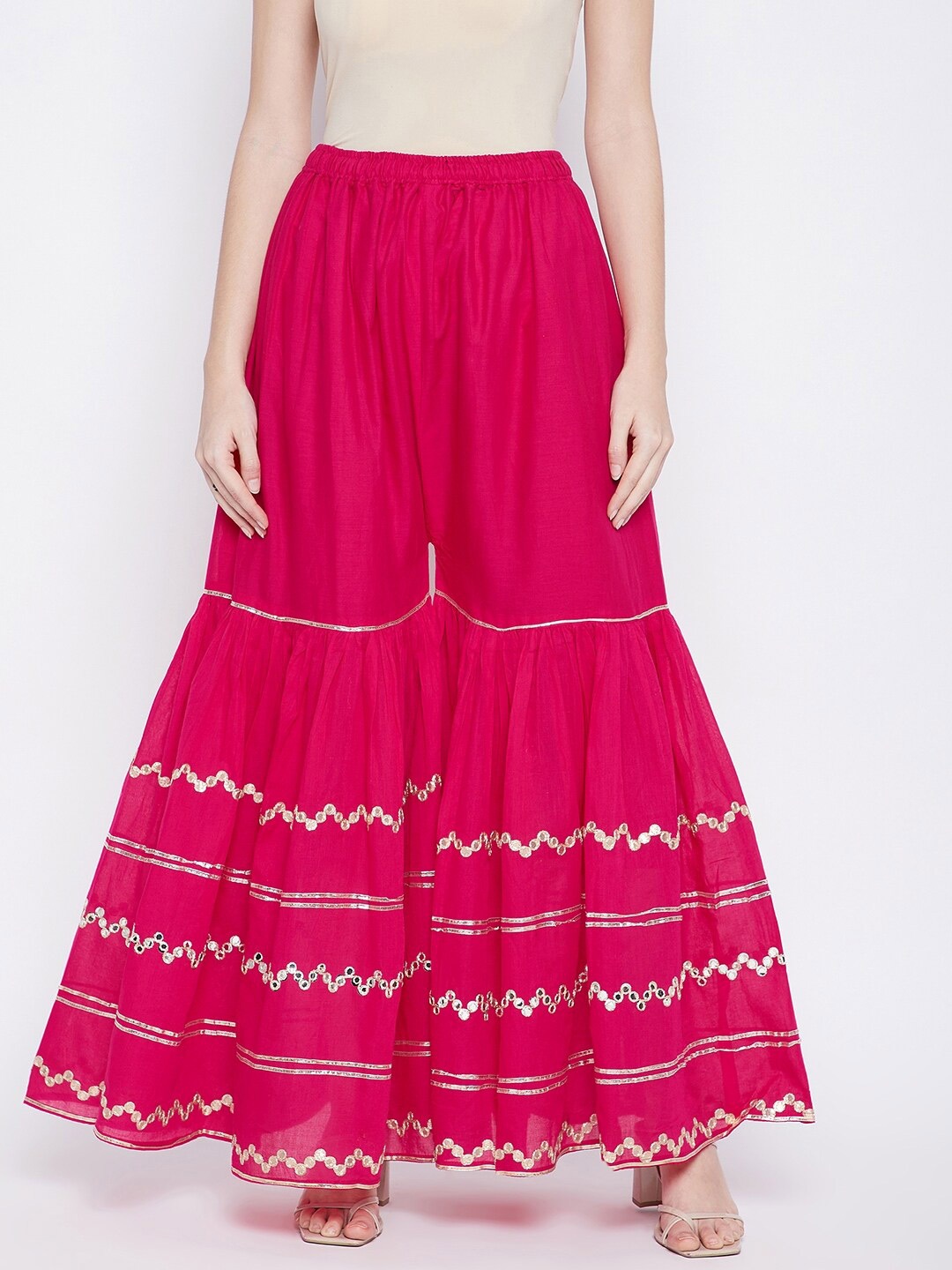 

TULIP 21 Women Pink & Gold-Toned Hem Design Flared Ethnic Palazzos