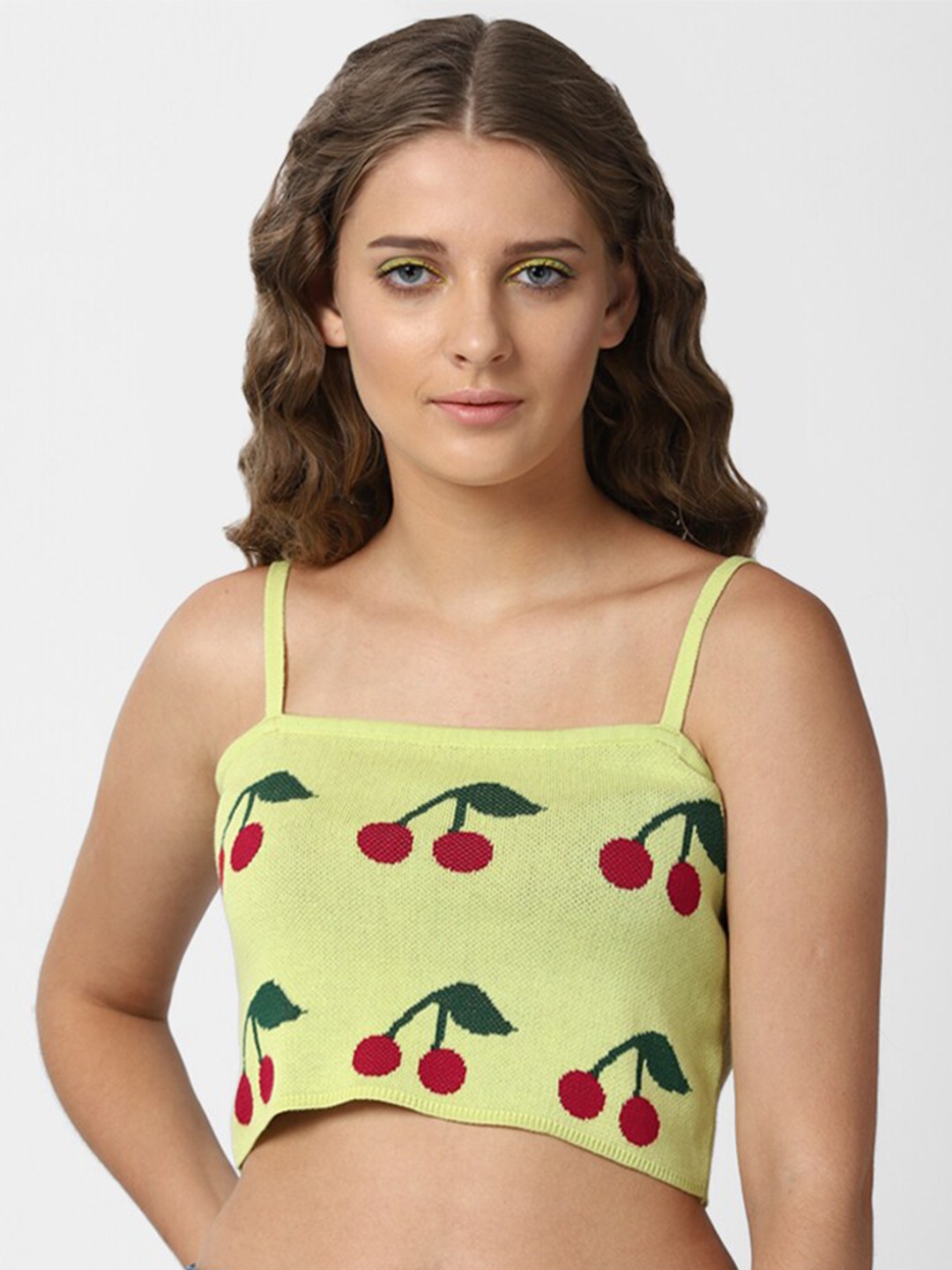 

FOREVER 21 Lime Green & Red Conversational Print Knitted Crop Top