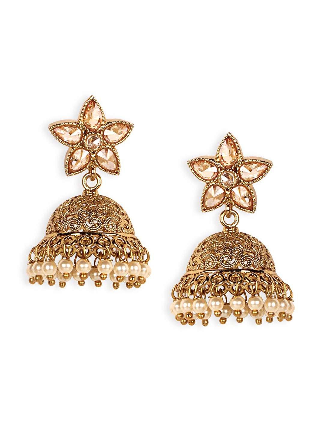 

JEWELS GEHNA Gold-Plated Floral Stone Studded Jhumkas Earrings