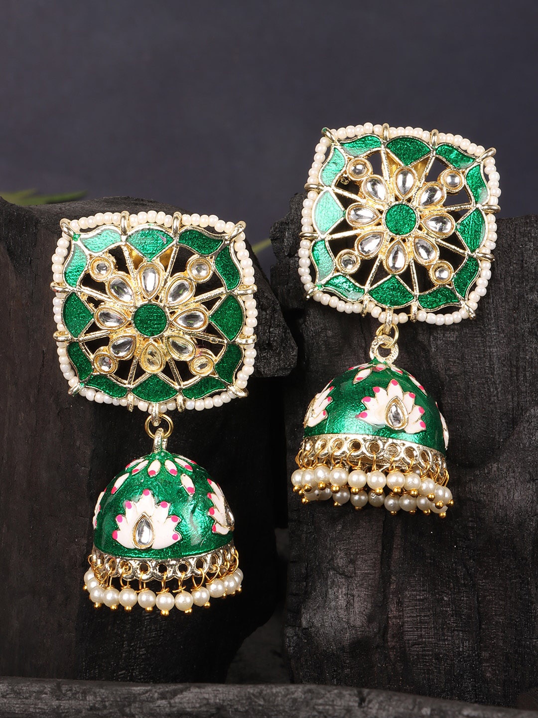

JEWELS GEHNA Green Dome Kundan Meenakari Jhumkas Earrings
