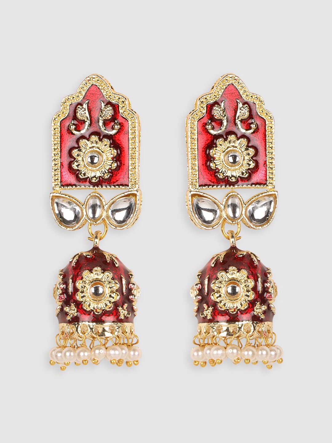 

JEWELS GEHNA Red Enamelled & Kundan Studded Contemporary Jhumkas Earrings