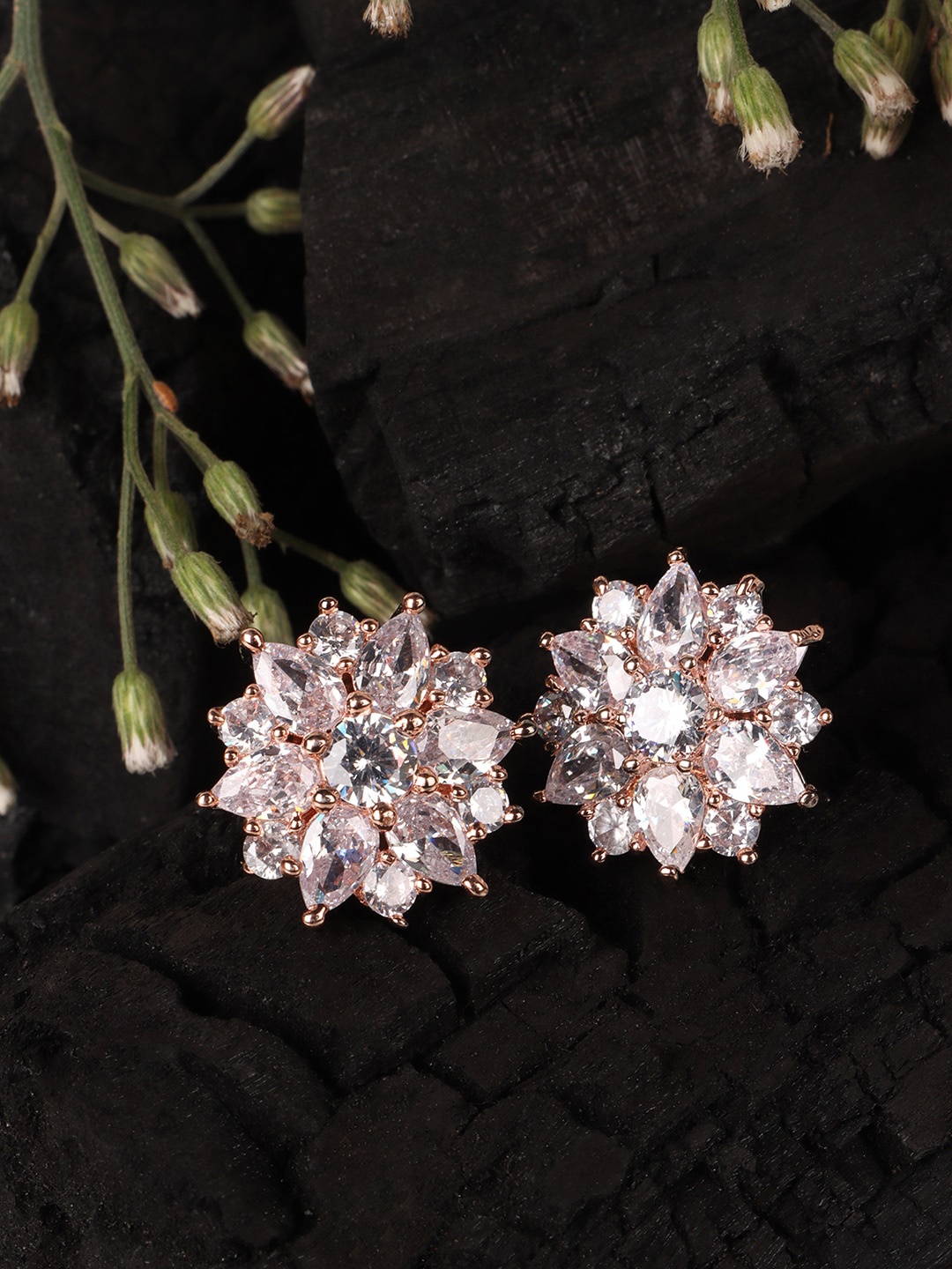 

JEWELS GEHNA White Floral Rhodium Plated American Diamond Studs Earrings