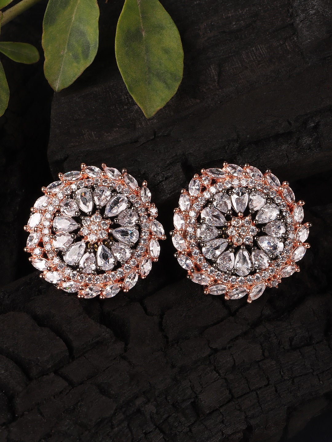 

JEWELS GEHNA White Rhodium-Plated Floral American Diamond Studs Earrings