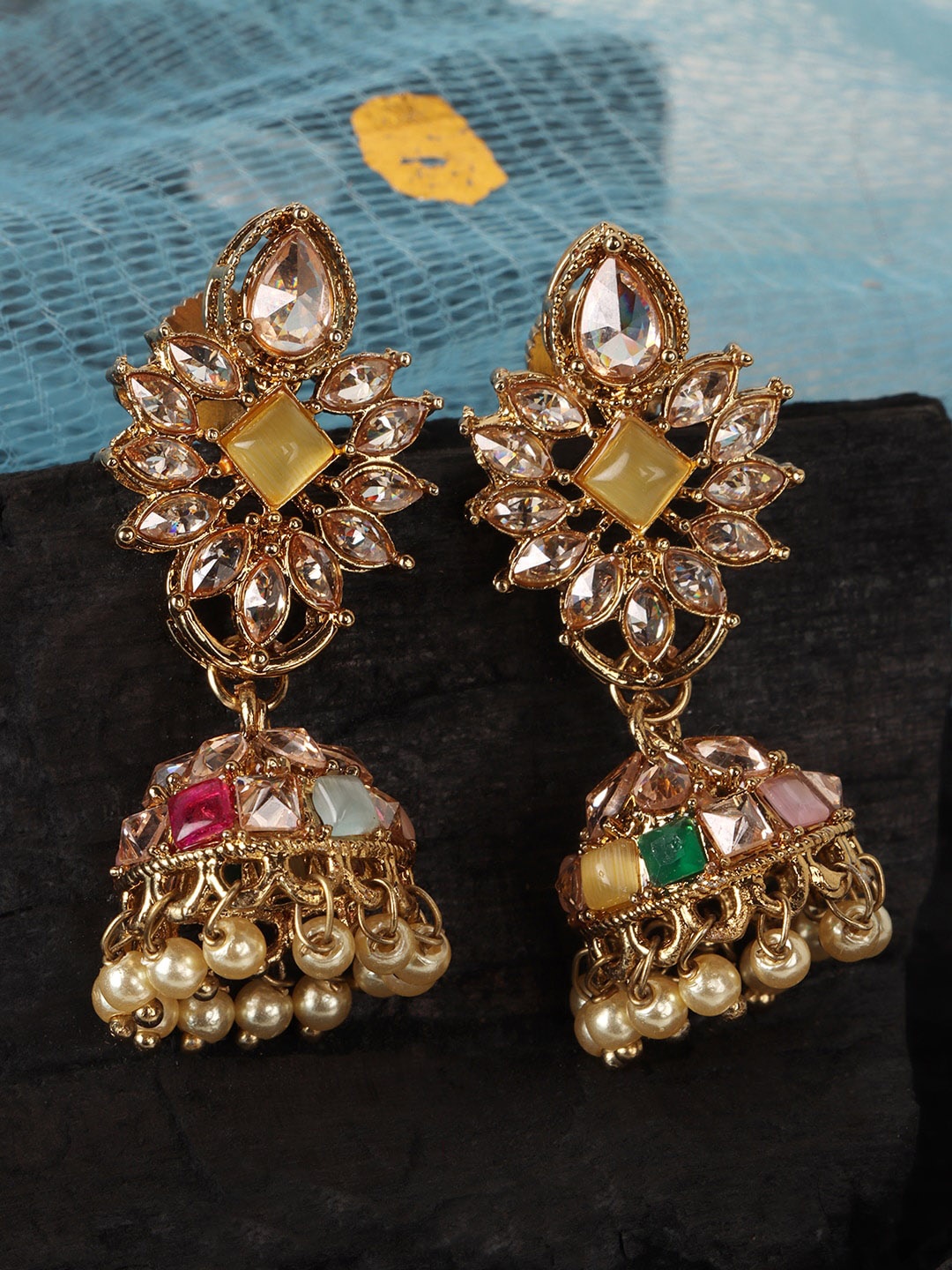 

JEWELS GEHNA Gold-Plated & Yellow Stones Studded Dome Shaped Jhumkas Earrings