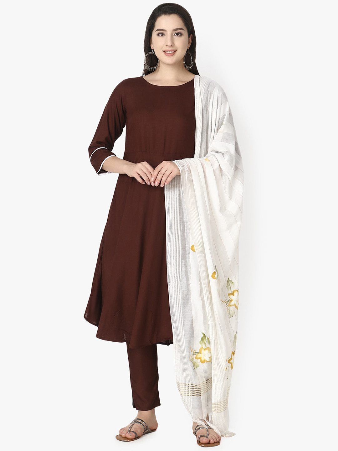 

Sitaram Designer Women Brown Pleated Kurta with Trousers & With Dupatta