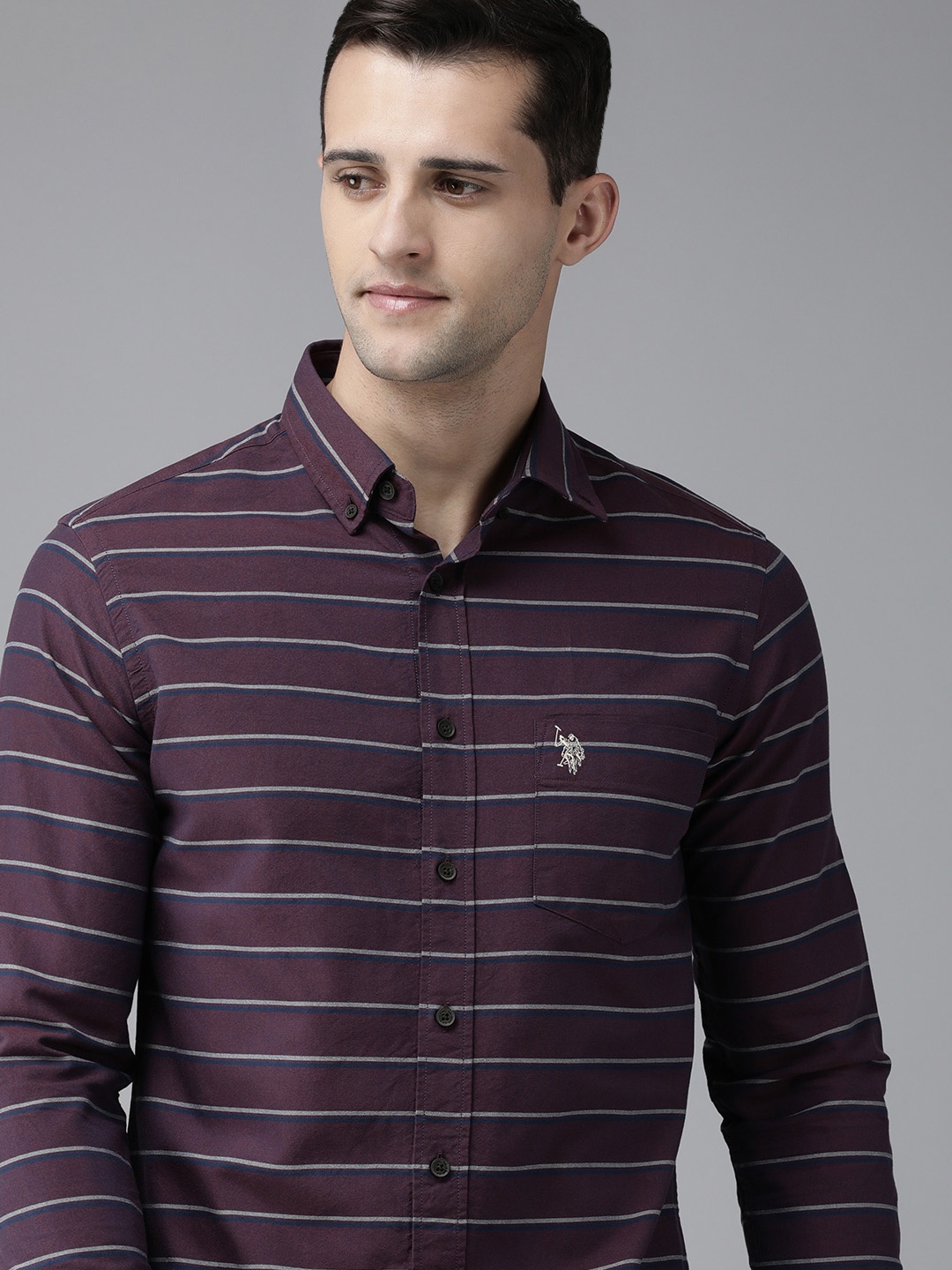 

U S Polo Assn Men Maroon Striped Casual Pure Cotton Shirt