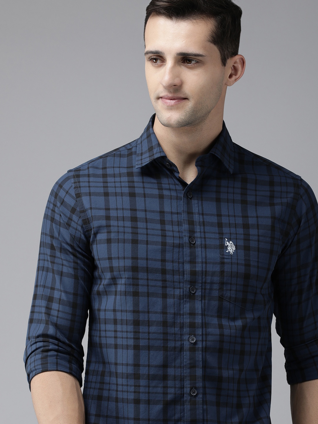 

U S Polo Assn Men Navy Blue Checked Casual Pure Cotton Shirt
