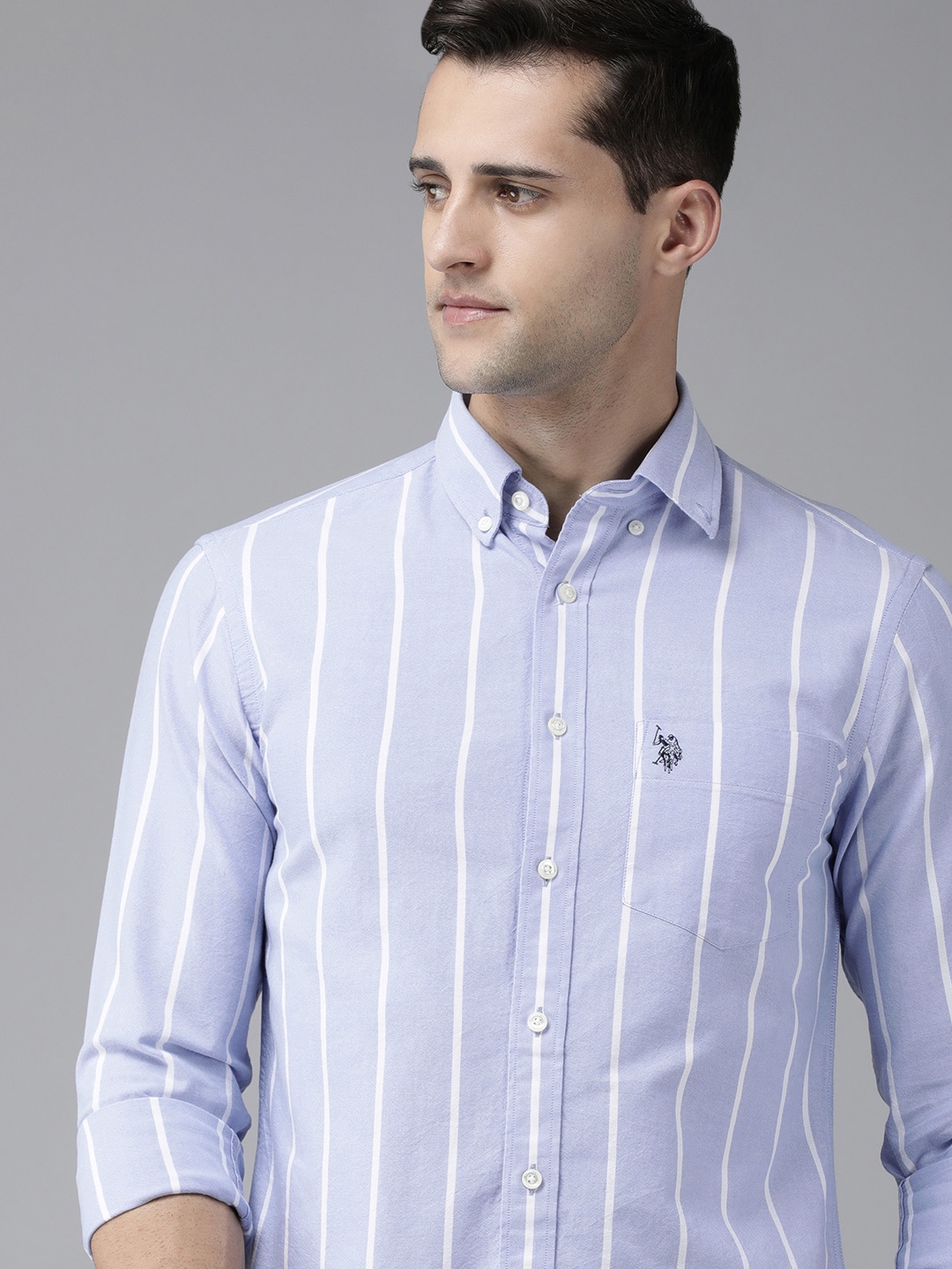 

U S Polo Assn Men Blue Horizontal Stripes Striped Casual Pure Cotton Shirt