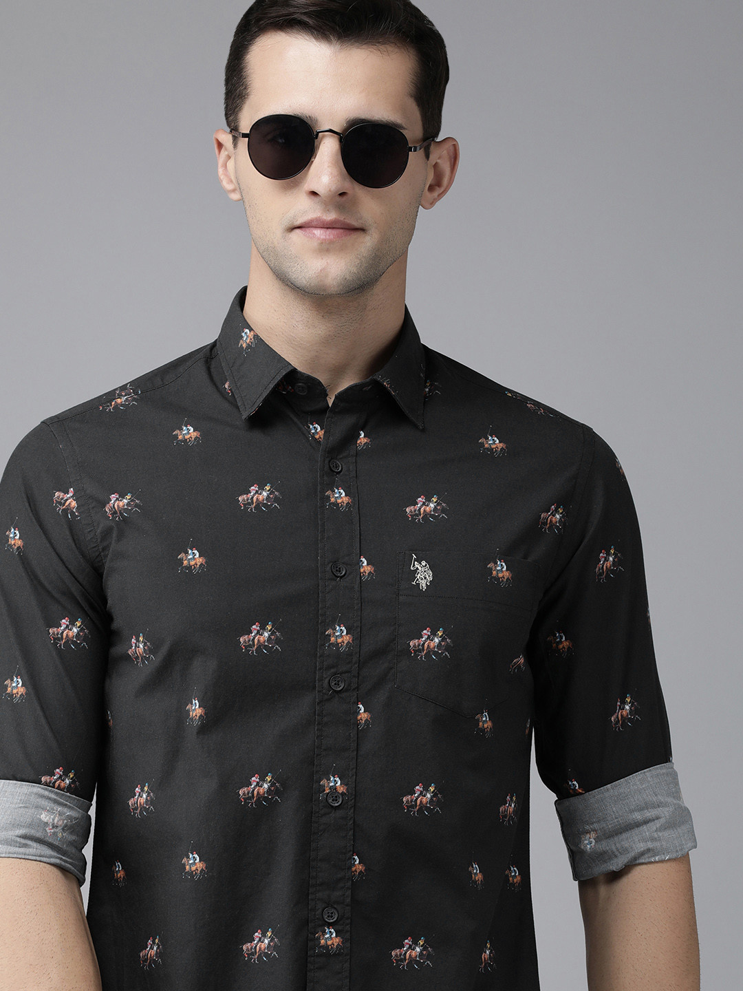 

U S Polo Assn Men Black & Brown Tailored Fit Printed Pure Cotton Casual Shirt