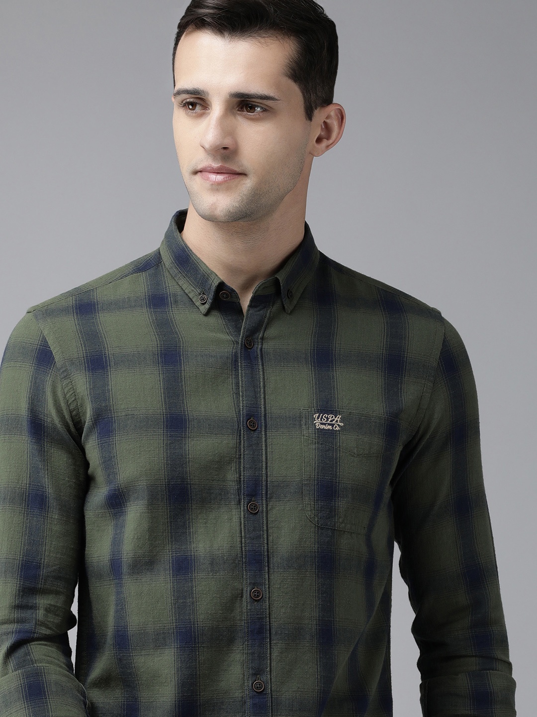 

U.S. Polo Assn. Denim Co. Men Olive Green Slim Fit Checked Casual Shirt
