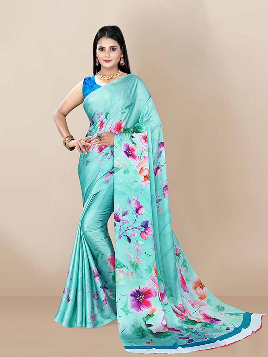 

VAIRAGEE Turquoise Blue & Pink Floral Silk Blend Saree