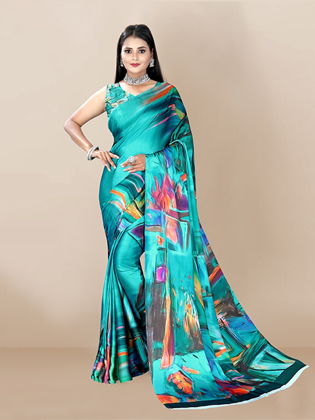 

VAIRAGEE Teal Blue & Pink Floral Silk Blend Saree