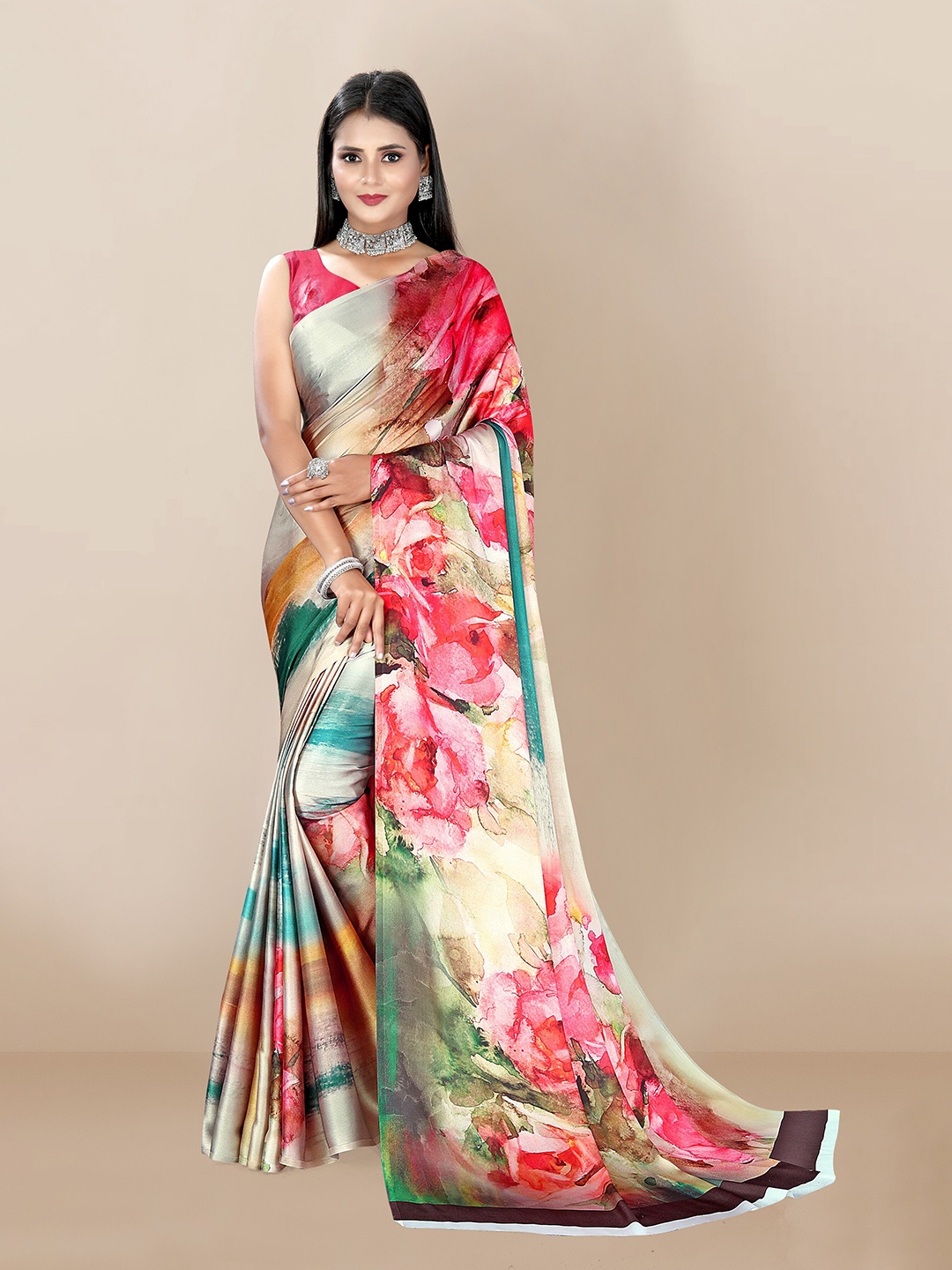 

VAIRAGEE Pink & Blue Floral Digital Printed Silk Blend Saree