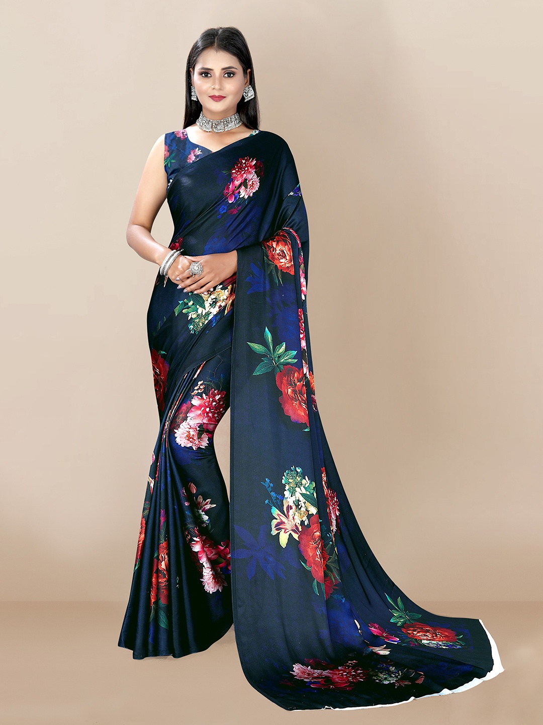 

VAIRAGEE Blue & Red Floral Silk Blend Saree