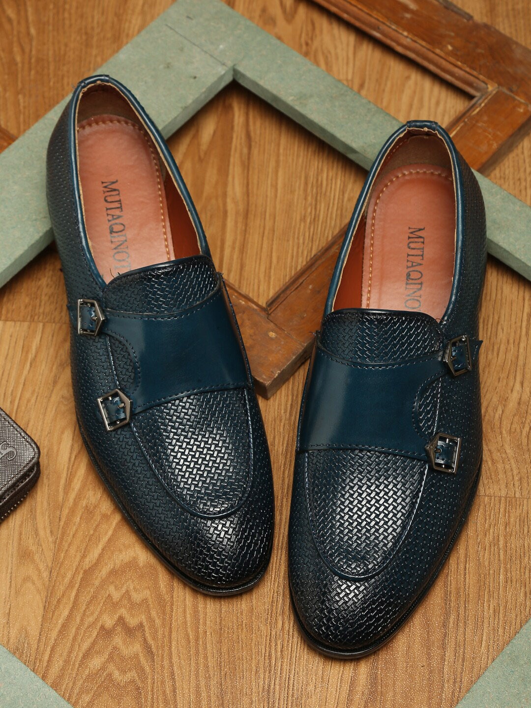 

MUTAQINOTI Men Blue Textured Patent Leather Monks