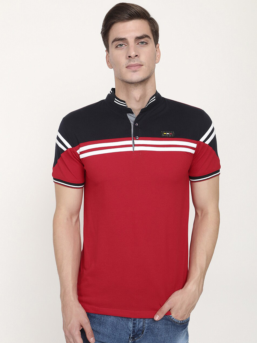 

V2 Value & Variety Men Red & Black Striped Mandarin Collar T-shirt