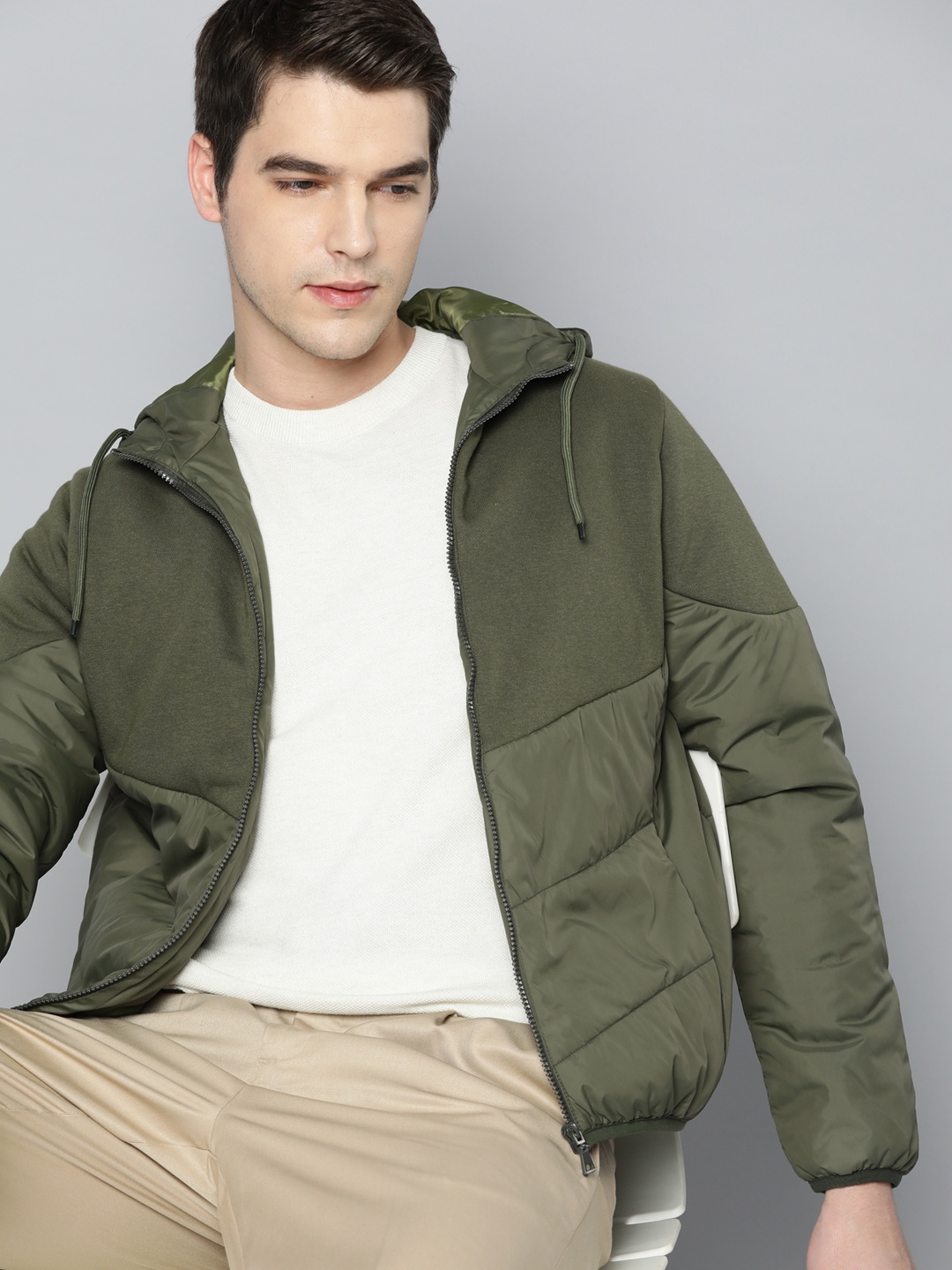 

ether Men Olive Green Solid Hooded Padded Jacket