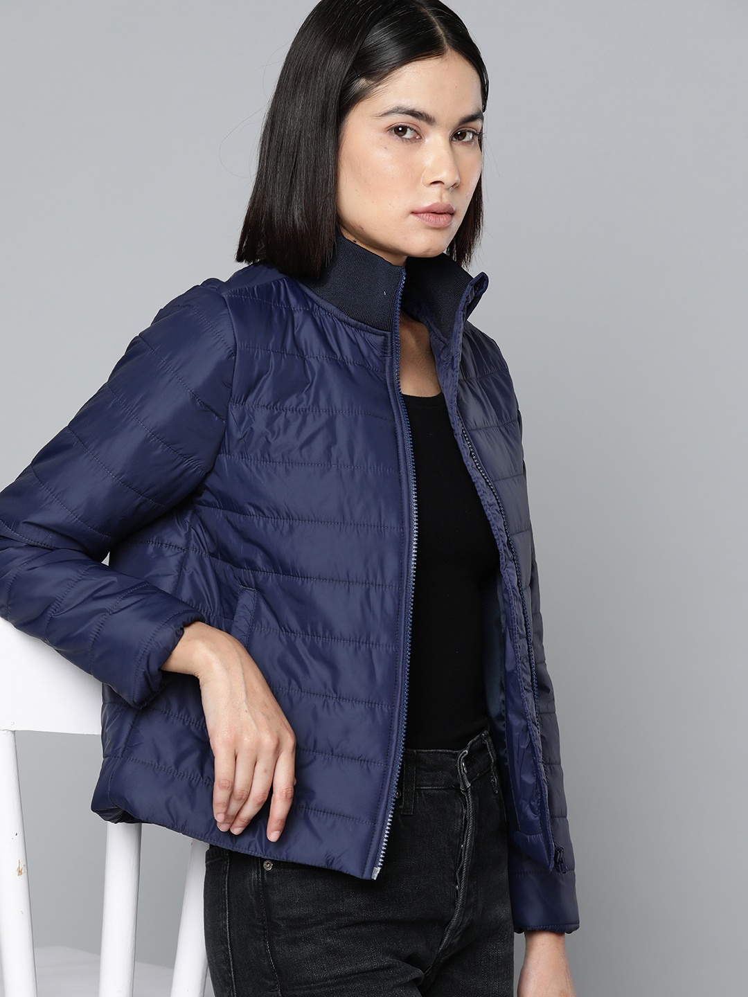 

ether Women Navy Blue Solid Padded Jacket