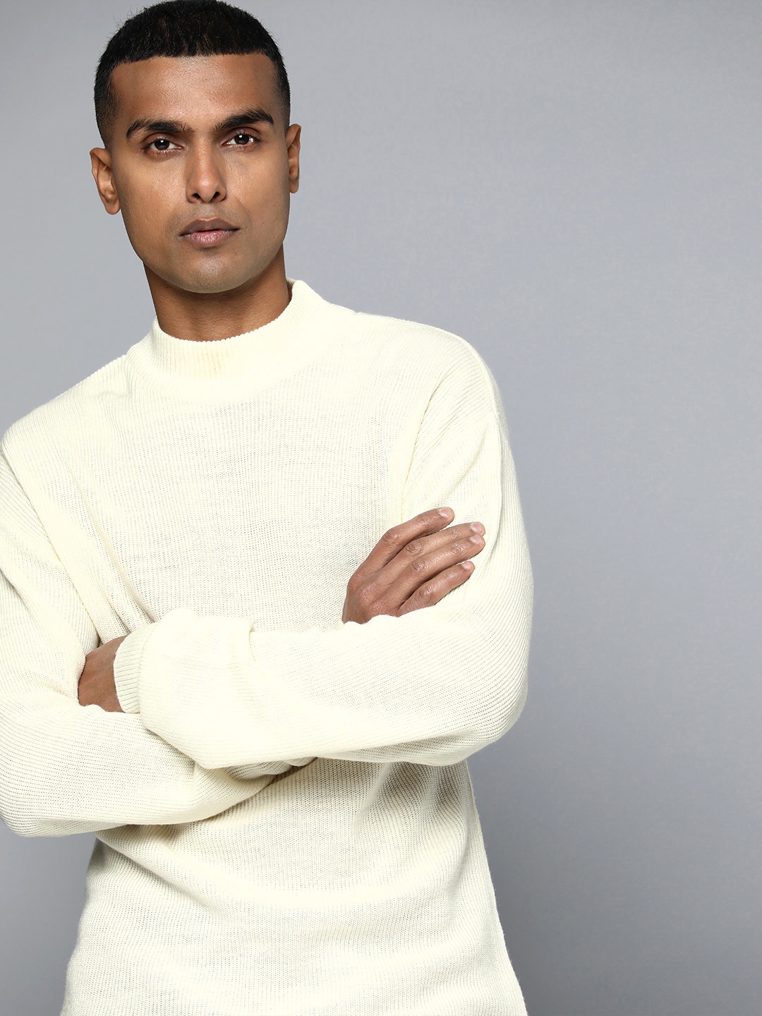

ether Men Pure Acrylic Ribbed Pullover, Cream