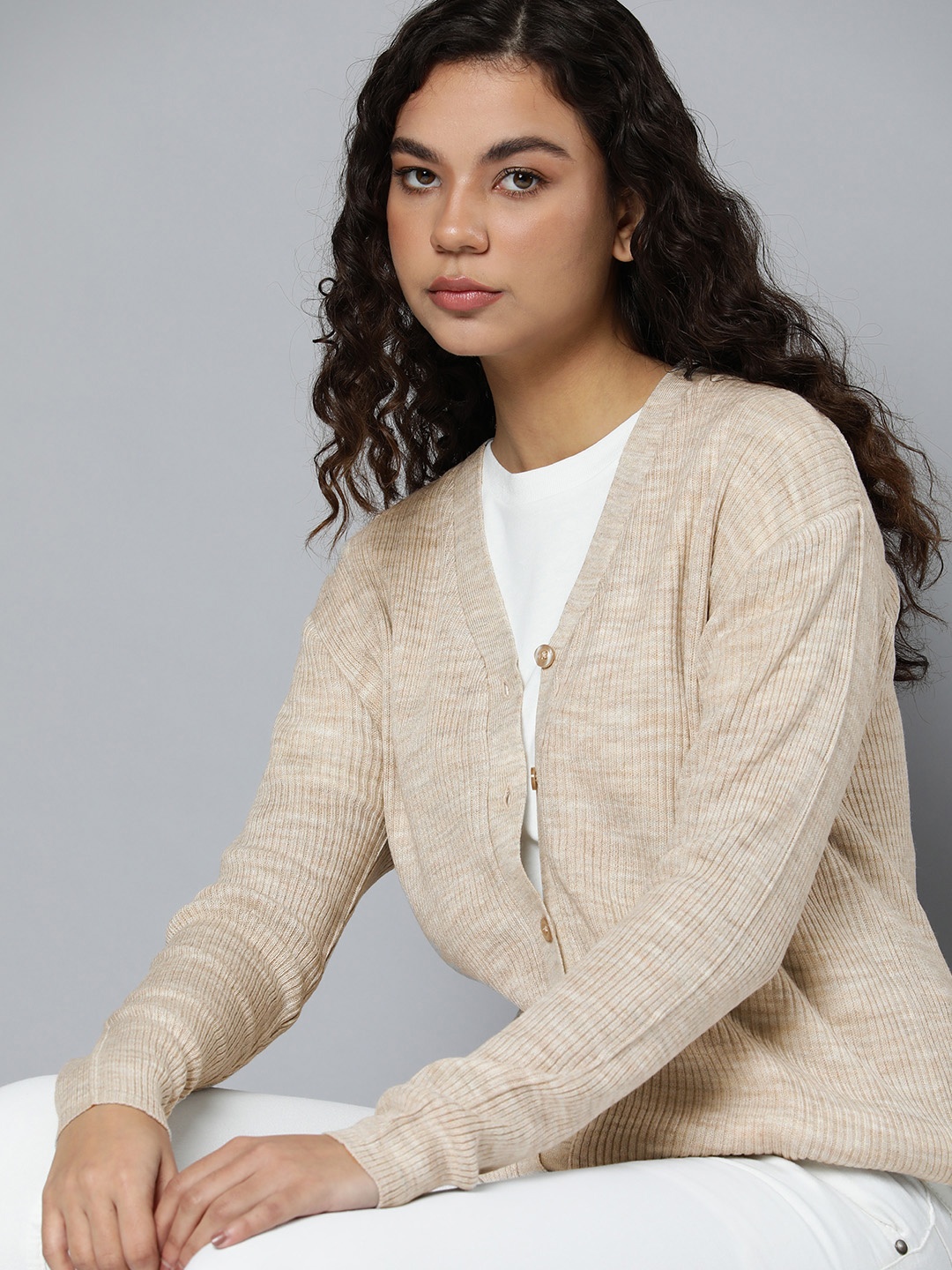 

ether Women Beige Ribbed Shawl Collar Acrylic Cardigan