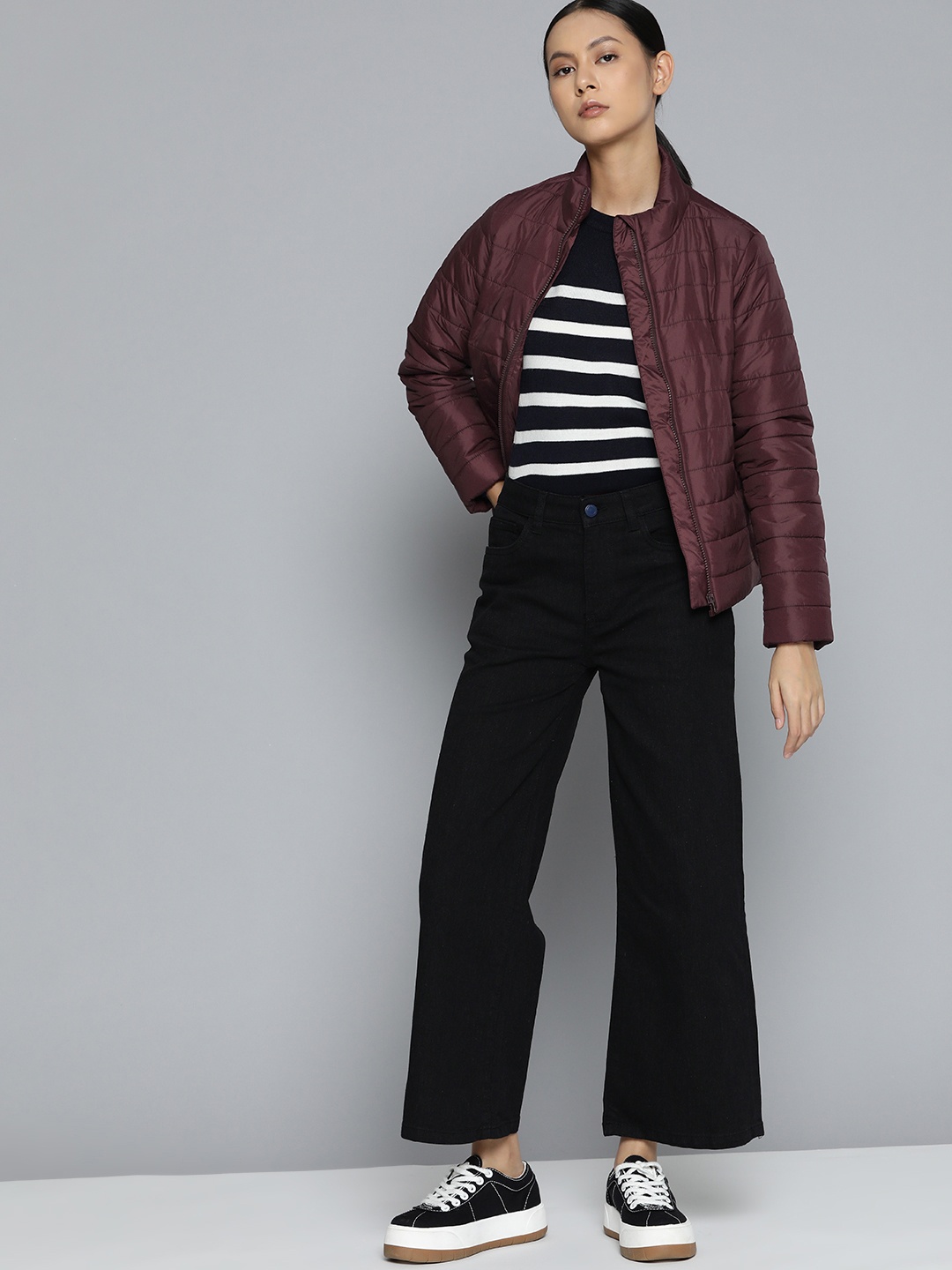 

ether Women Burgundy Solid Padded Jacket