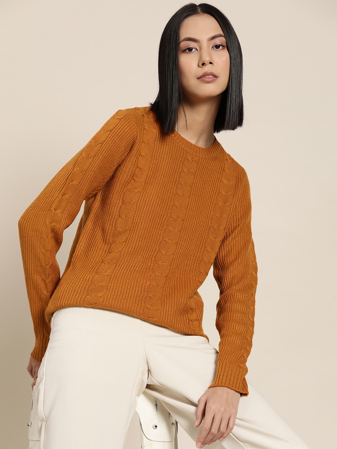 

ether Women Rust Cable Knit Pullover