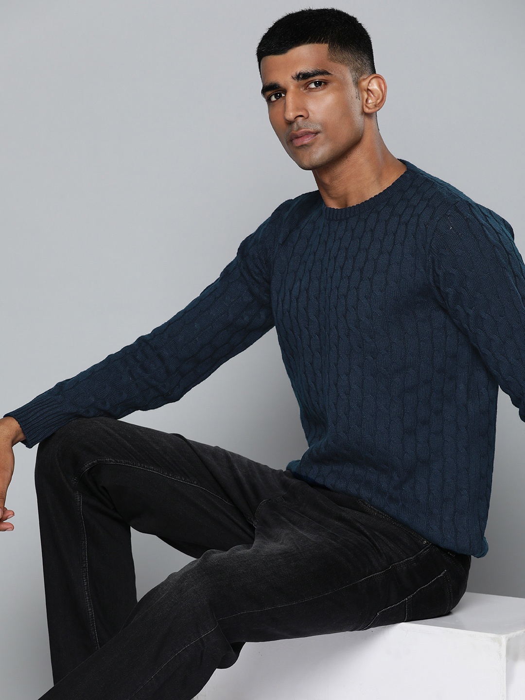 

ether Men Navy Blue Self Design Pullover